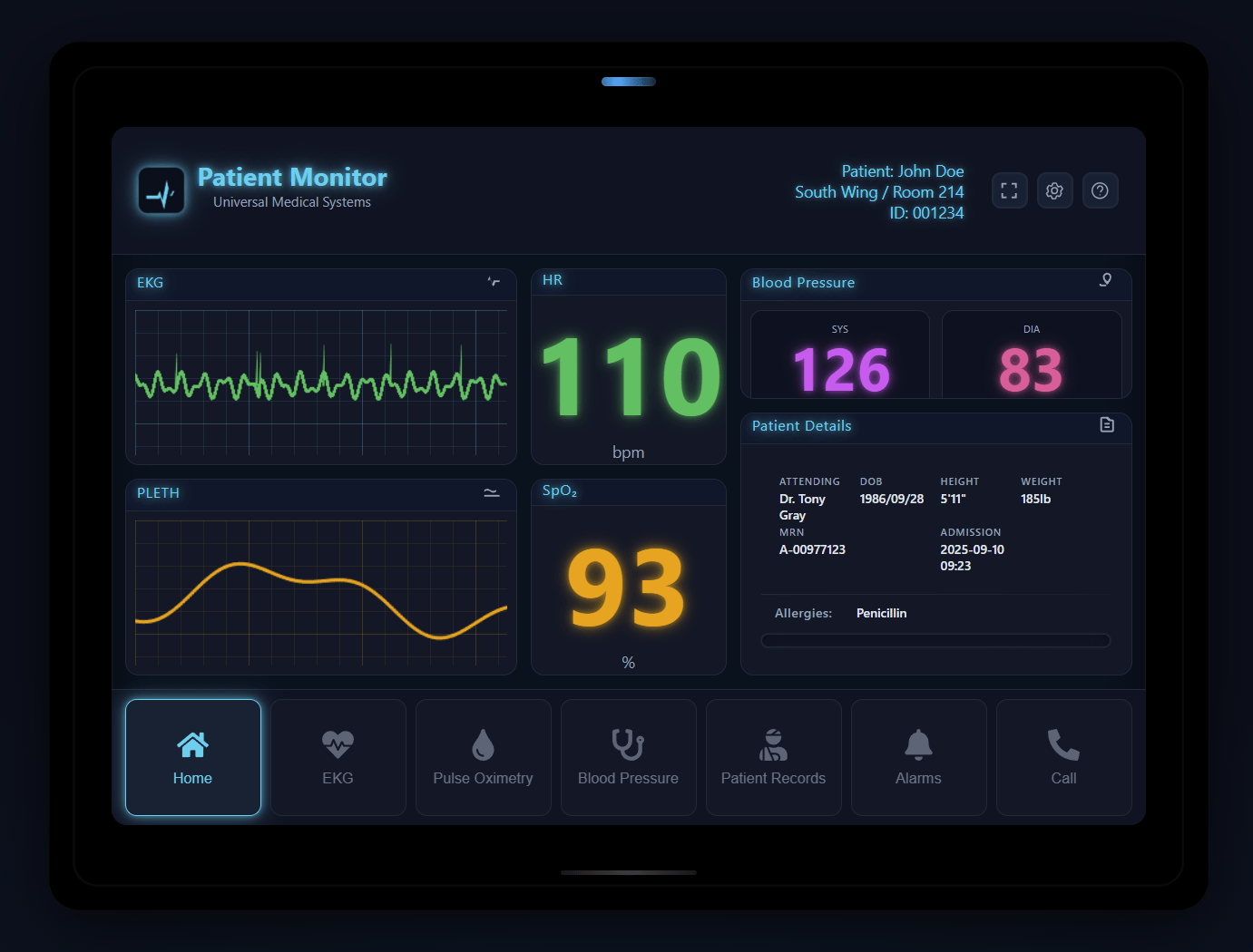 Patient Monitor application interface